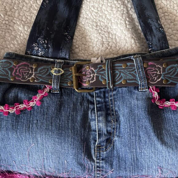 Handmade Upcycled Denim Shoulder Bag | Fringe & Floral Belt Detail - Picture 3 of 4
